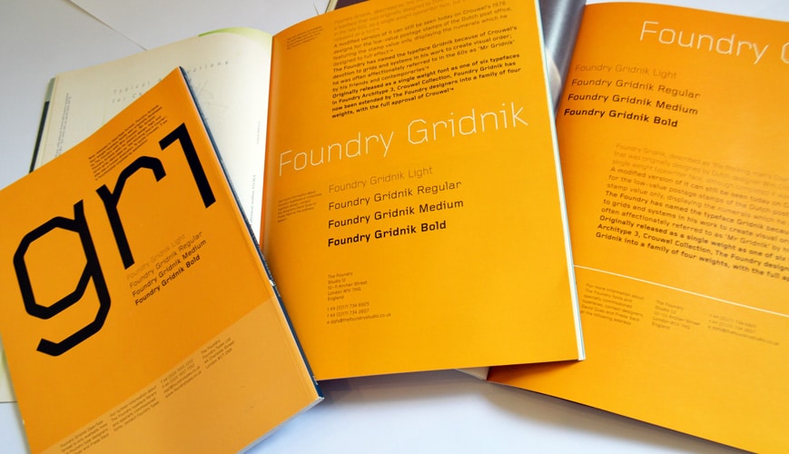 A collection of Foundry Gridnik Eye and Grafik ads.