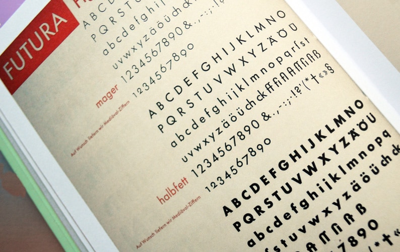 Futura type specimen showing Light, Medium and Bold, 1930.