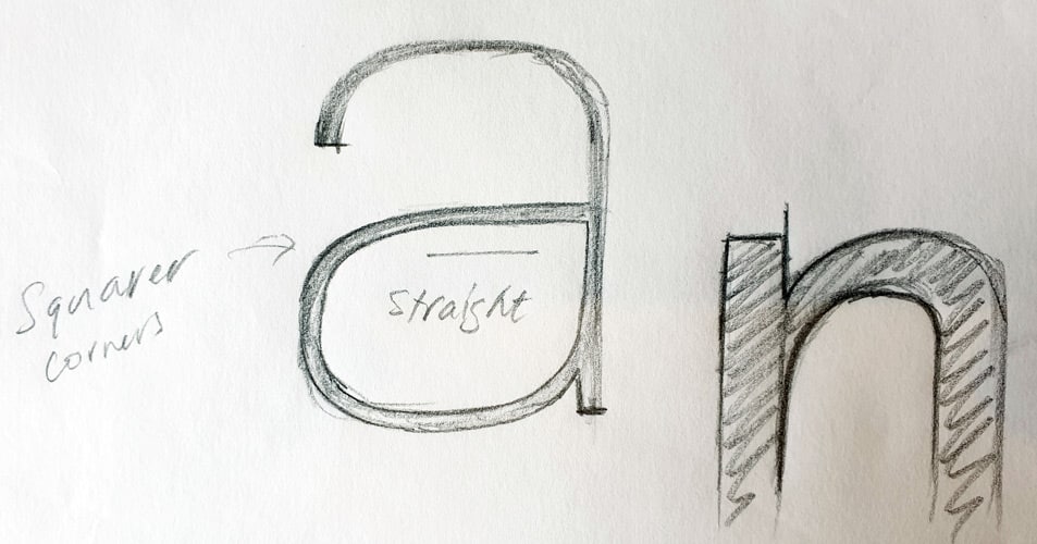 Foundry Monoline lowercase ‘a’ rough sketch.