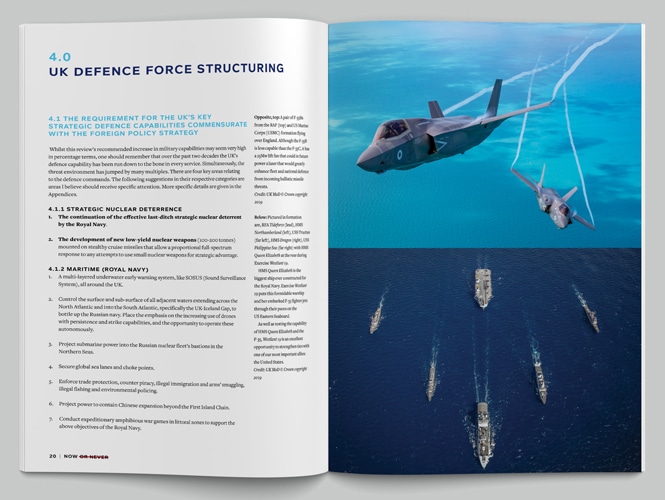 Now or Never: The Global Forecaster UK Strategic Defence Review 2020, © Apollo Analysis Ltd – designed by Peter Dawson at Grade Design using Foundry Context.