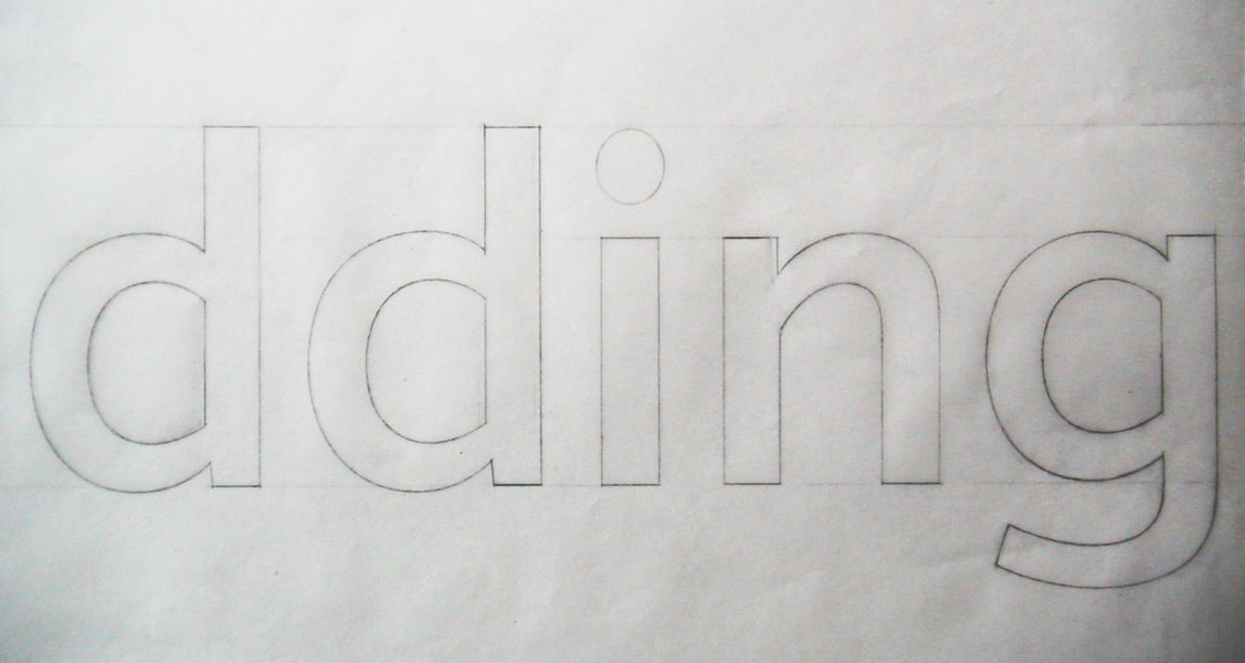 A pencil sketch of the ‘dding’ for the Railtrack typeface ‘Brunel’.