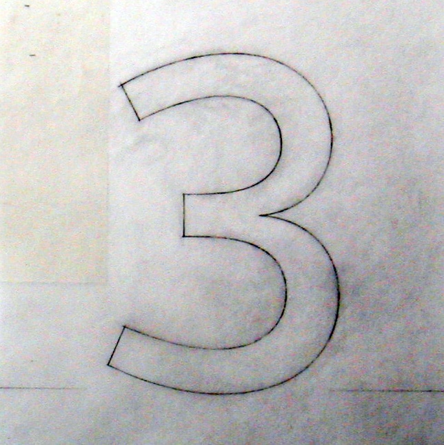 A pencil sketch of the ‘3’ for the Railtrack typeface ‘Brunel’.