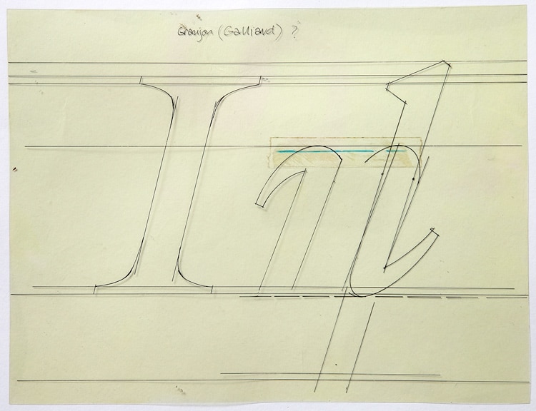 Freda’s working guide ‘jig’ template for the typeface Galliard by Matthew Carter for Mergenthaler.