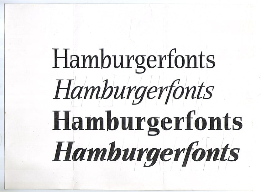 Early proof of Helicon Light and Bold plus Italics by David Quay (c. 1988). Note the cut lines indicating adjustment of letterspacing.