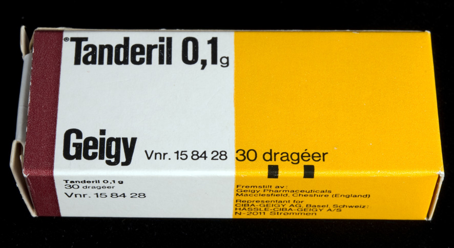 Tanderil 0,1g. Geigy packaging design by Andreas His, ca 1954